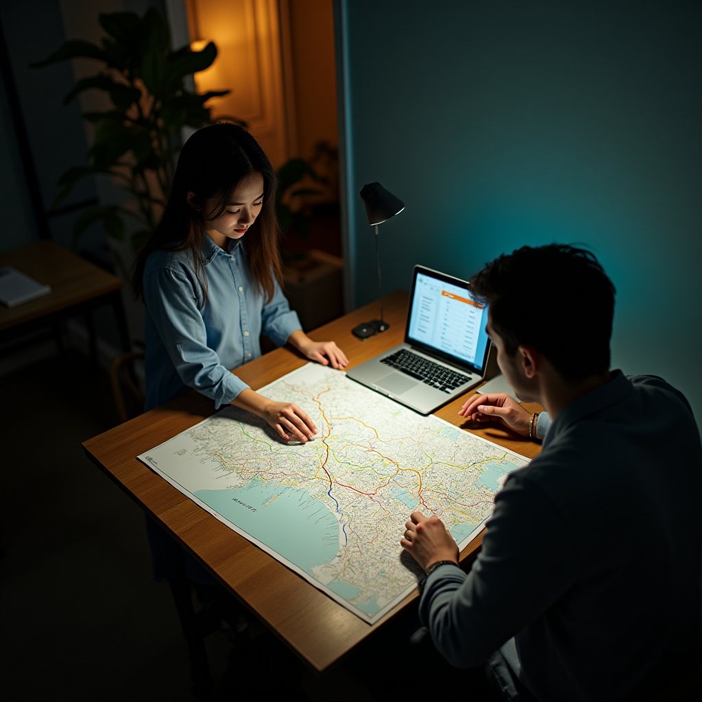 Equipo revisando un mapa de rutas de entrega en una oficina pequeña